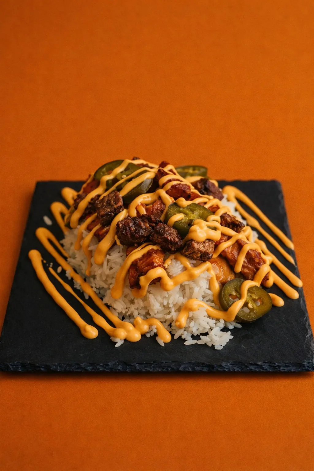 Loaded rice box topped with jalapenos and cheese sauce